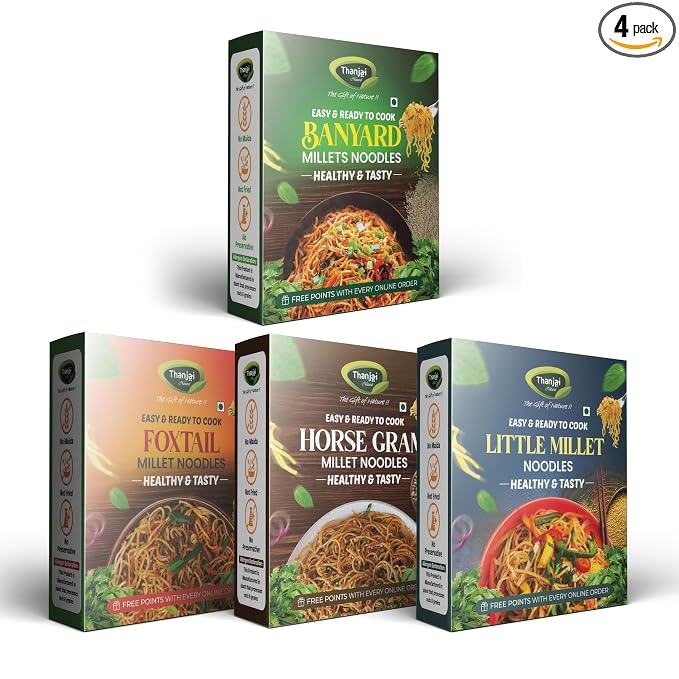 Thanjai Natural Millet Noodles 180 Grams X 4 Varities (720 Grams) of Homemade Natural Banyard | Foxtail | Horsegram and Little Millets Noodles(No Preservatives, No Chemicals, No Artificial Extract)