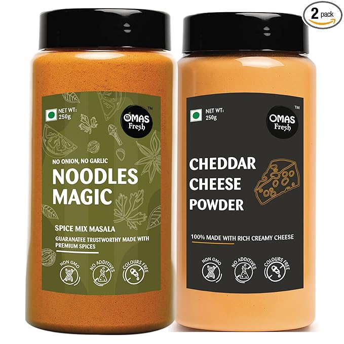Omas Fresh No Onion No Garlic Noodles Magic Masala & Cheddar Cheese Powder | 250g × 2 Seasoning Combo Pack | Creamy & Spicy Flavours for Pasta, Snacks & Daily Cooking
