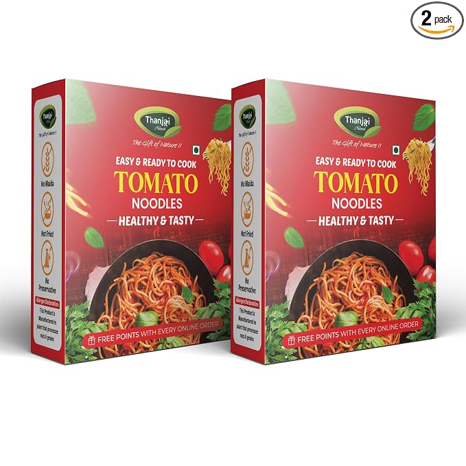Thanjai Natural Tomato Noodles 180 Grams X 2 (No Maida Hakka Noodles, Not Fried, No MSG, Classic and Mild Millet Noodles No Preservatives, No Chemicals, No Artificial Extract)