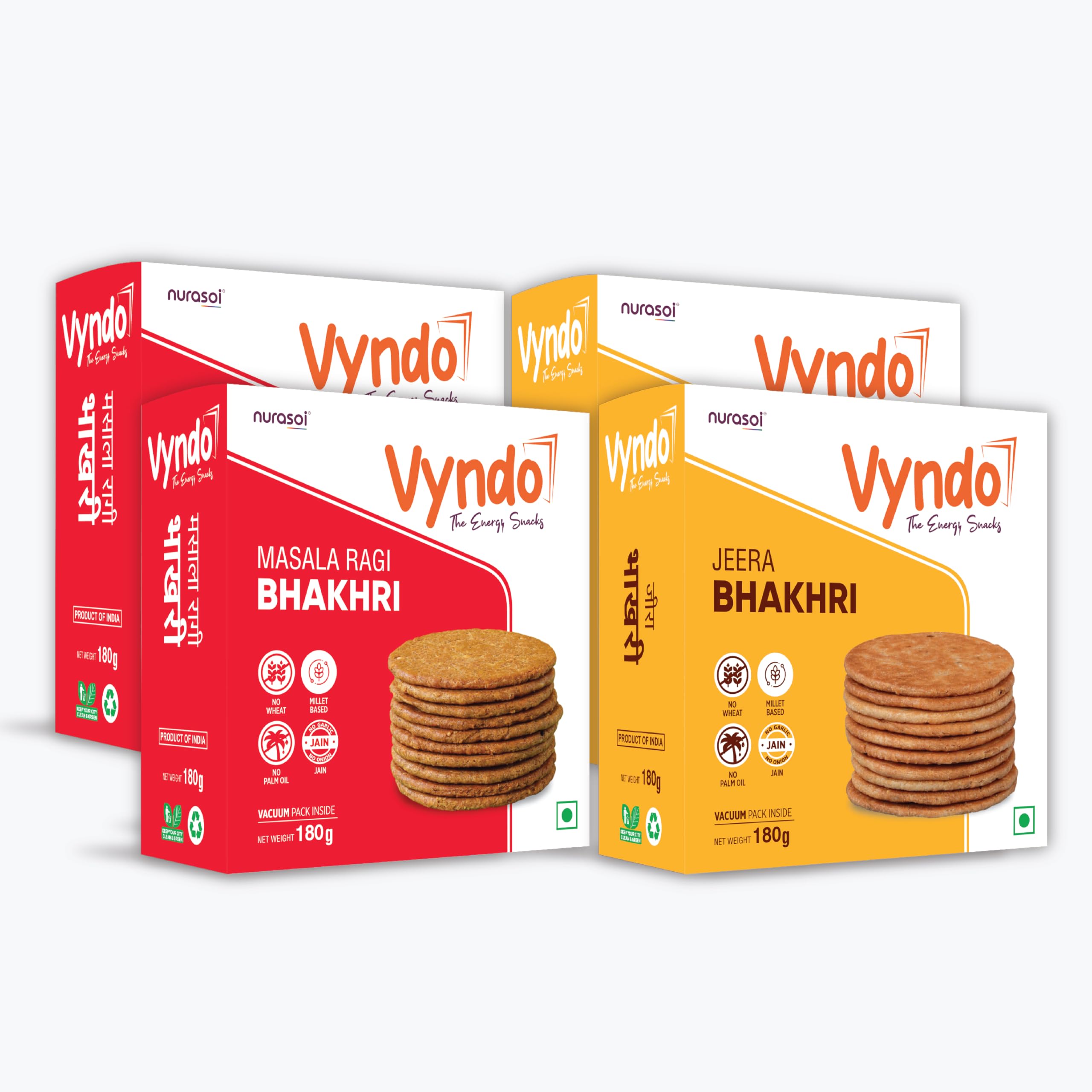 Vyndo Jain Bhakhri Combo - (Jeera Pack of 2 + Masala Pack of 2) No Garlic, No Onion, Protein-Rich Millet Snack, Gluten-Free, Wheat-Free, No Palm Oil | Healthy Ready-to-Eat Energy Crisps for Adults & Kids.