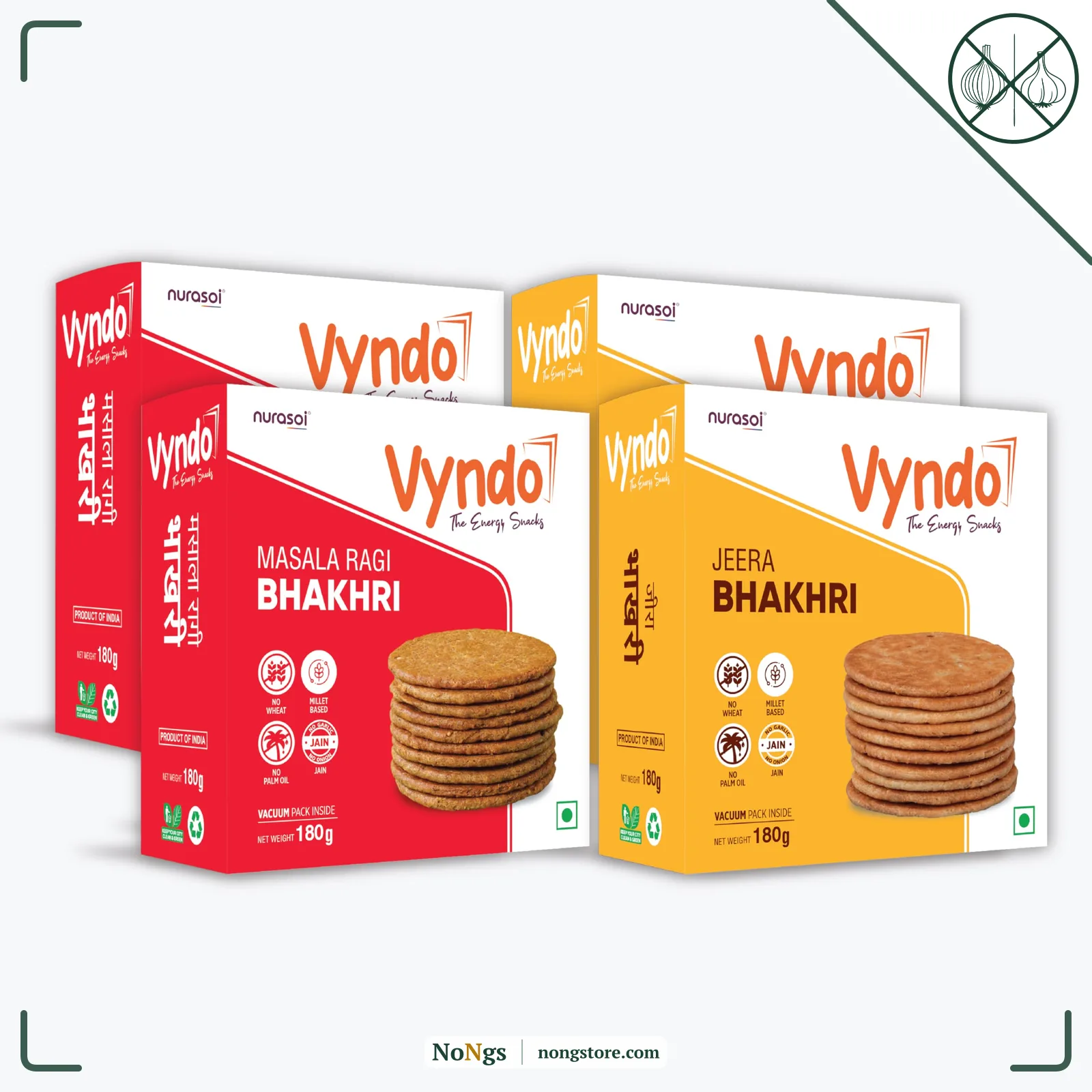 Vyndo Jain Bhakhri Combo - (Jeera Pack of 2 + Masala Pack of 2) No Garlic, No Onion, Protein-Rich Millet Snack, Gluten-Free, Wheat-Free, No Palm Oil | Healthy Ready-to-Eat Energy Crisps for Adults & Kids.