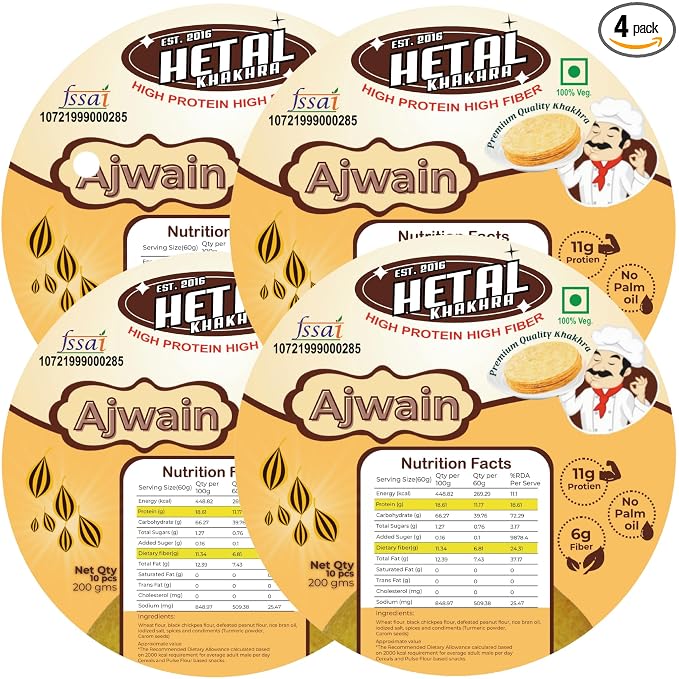 Ajwain Khakhra | JAIN | Crispy | Ready To Eat | High Protein High Fiber| No Palm Oil | 200g Vacuum Pack Of 4