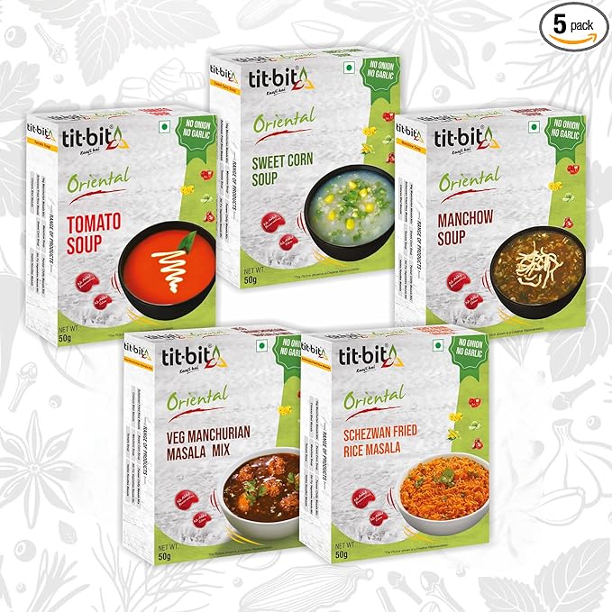 Tit-Bit Oriental - No Onion No Garlic Veg Manchurian Masala, Schezwan Fried Rice Masala, Tomato, Sweet Corn & Manchow Soup - Quick & Easy to Make - Pack of 5 (250g)