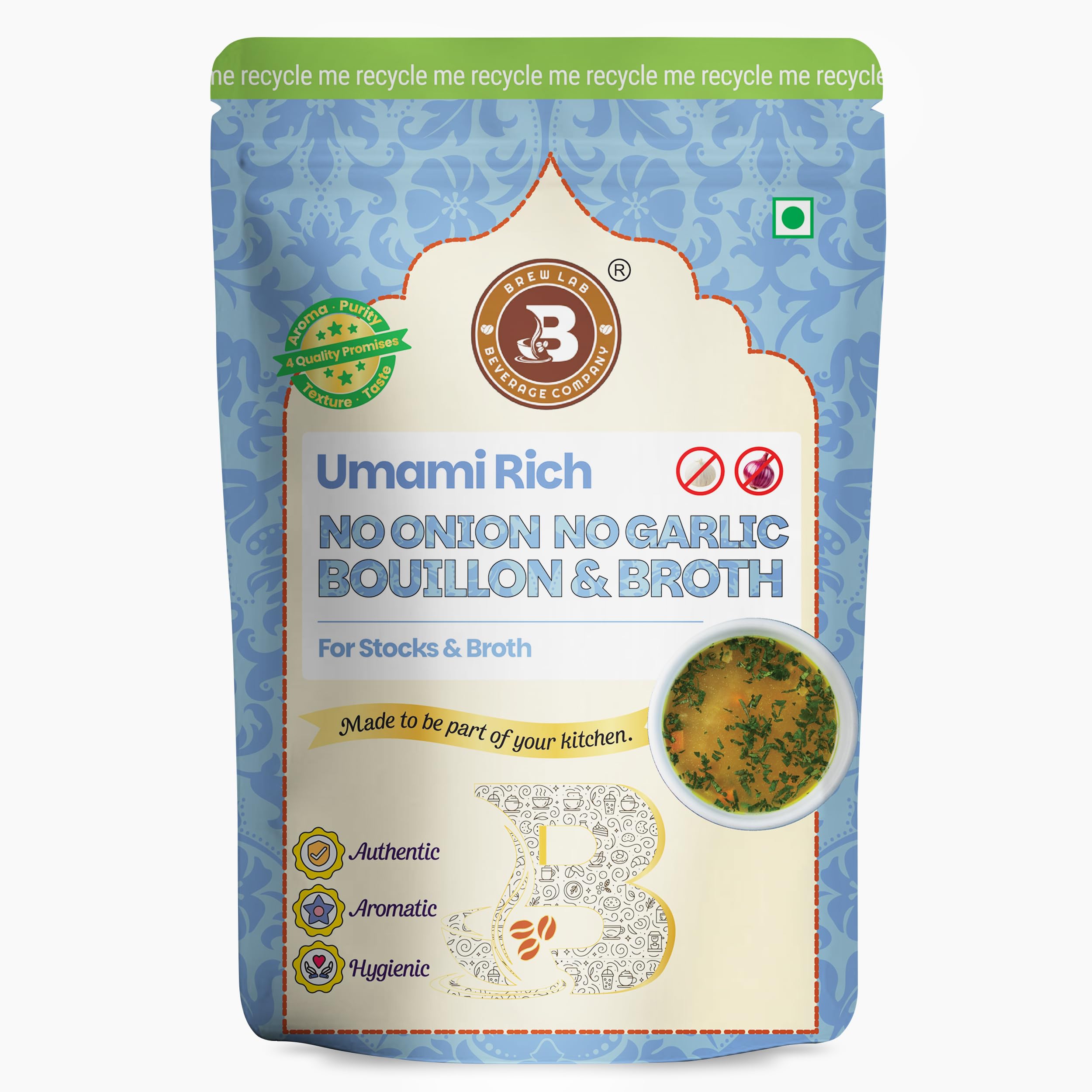 Brew Lab No Onion No Garlic Bouillon & Broth Powder, 500g, Instant Vegetable Stock, Plant-Based, Jain-Friendly, Umami Seasoning for Soups, Gravies & Cooking
