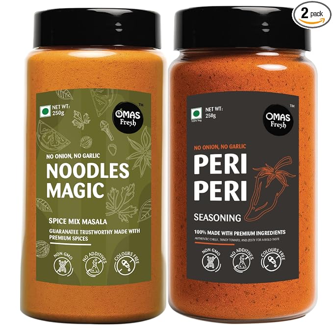 Omas Fresh No Onion No Garlic Noodles Magic Masala & Peri Peri Seasoning | 250g × 2 Combo Pack | Spicy & Flavorful Duo for Noodles, Pasta & Everyday Cooking