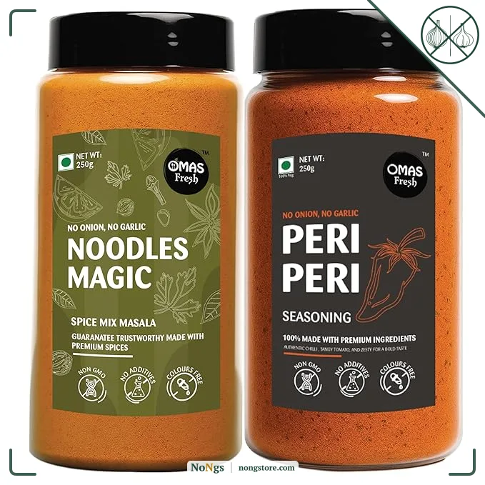 Omas Fresh No Onion No Garlic Noodles Magic Masala & Peri Peri Seasoning | 250g × 2 Combo Pack | Spicy & Flavorful Duo for Noodles, Pasta & Everyday Cooking
