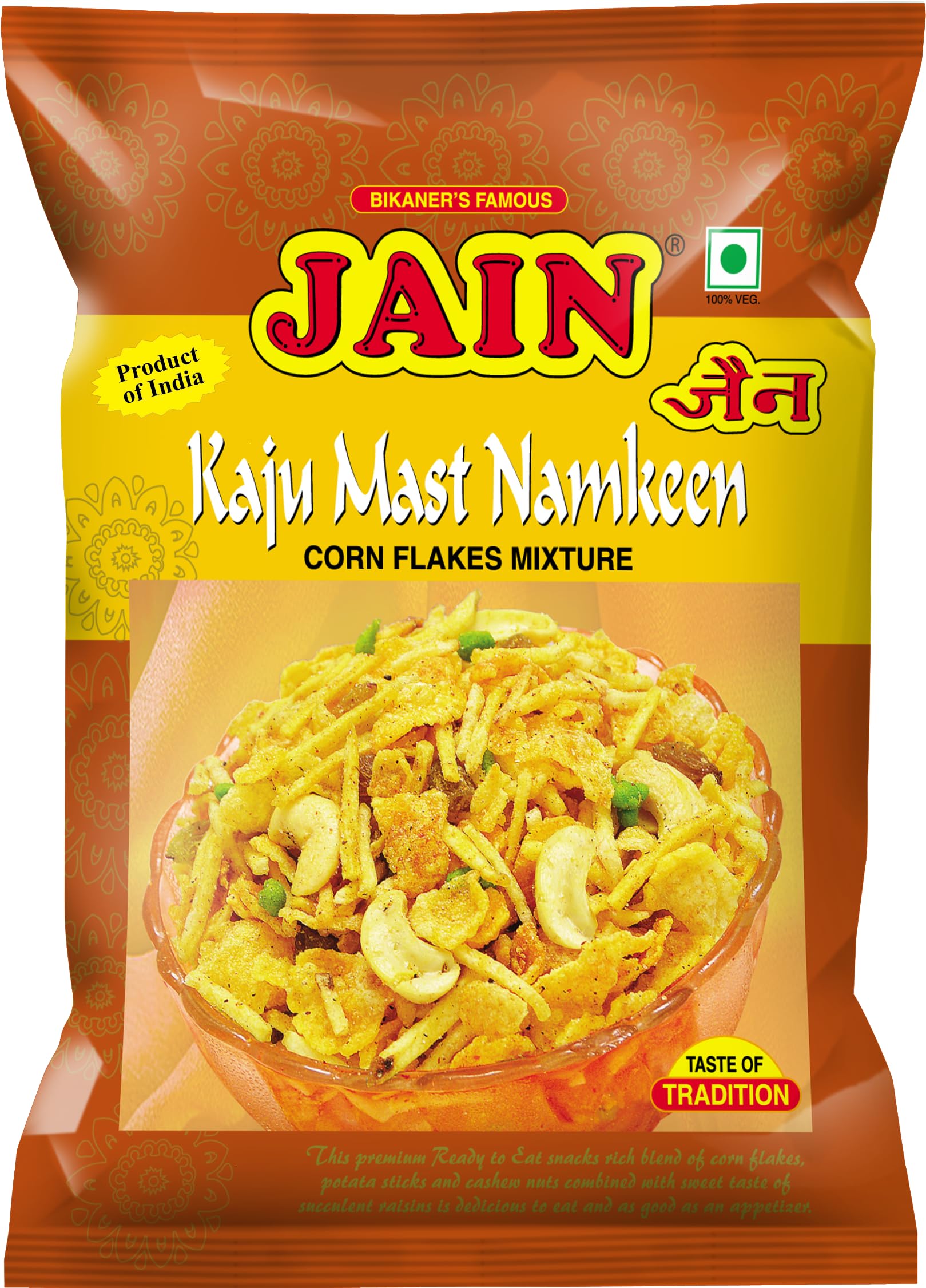 JAIN Kaju Mast Namkeen Mixture, Size - 360g, Zipper Packing, Special Cashew-Enriched Namkeen Blend with Crunchy Sev, Corn-Flakes, Raisins & Bold Masala Seasoning, Ready to Eat