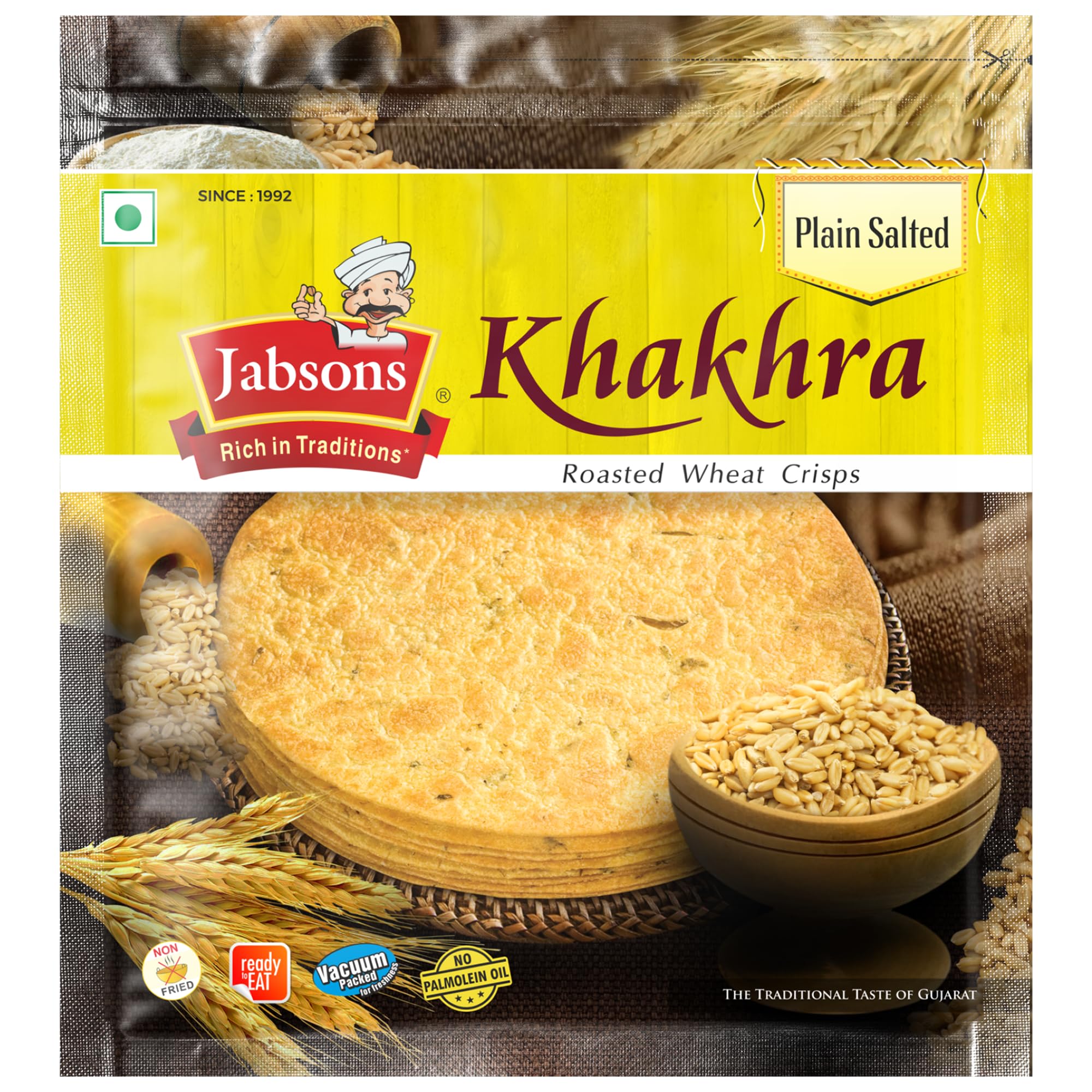 Jabsons Plain Salted Khakhra 100% Roasted | No onion No Garlic | Ready To Eat Vacuum Packed Tea Time Snack | Crispy Diet Friendly Khakhra | Gujarati Traditional Healthy Snacks 180 gm (Pack of 1)