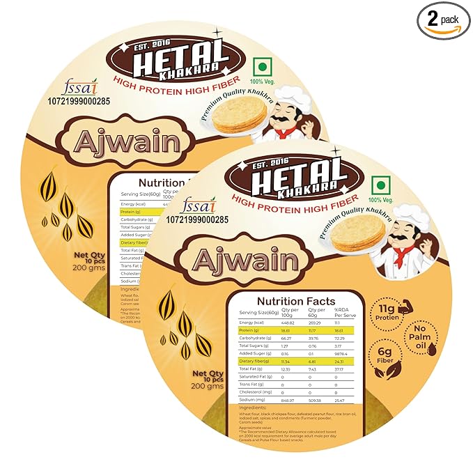 Ajwain Khakhra | JAIN | Crispy | Ready To Eat | High Protein High Fiber| No Palm Oil | 200g Vacuum Pack Of 2