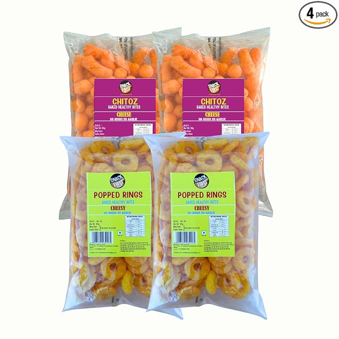 Snack First Baked Popped Ring Cheese(2) & Chitoz Cheese (2), Pack of 4, No Onion No Garlic, Jain, Puffed Snack, Corn Puffs, Healthy Snack, Namkeen, Each 80g