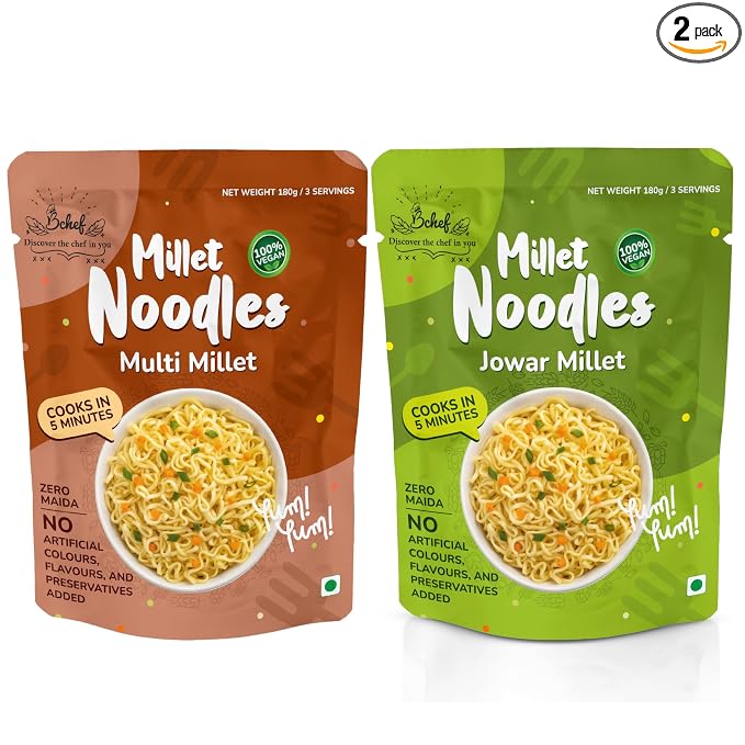 Bchef Jowar and Multi Millet Noodles | Zero Maida, No Artificial Colours, No Flavours & Preservative Added | 100% Vegan Noodles | Healthy Nutritional Food, (Combo Pack of 2,180g each)