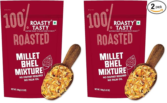 Roasty Tasty Millet Bhel Mix 100g | Ready-to-Eat Healthy Bhel Snack – No Chutney Required | Roasted Namkeen with Millets, Chana & Spices | High Fiber | No Onion No Garlic Bhel Namkeen | Instant Bhel Mix