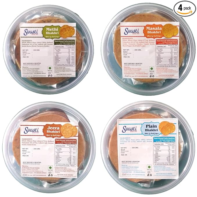 Svasti Dry Methi, Masala, Jeera, Plain Bhakhri Snacks - 200 gms (Pack Of 4) | Roasted Healthy Gujarati Snacks | No Maida | No Artificial Colours | No Onion & No Garlic | Vacuum Packed