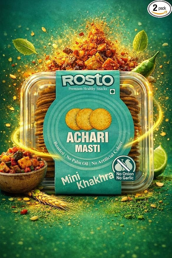 India's Best Brand Rosto Achari Masti Mini Khakhra, Roasted, No Palm Oil, No Artificial Colour, No Onion No Garlic, 200 g (Pack of 2) Total 400g