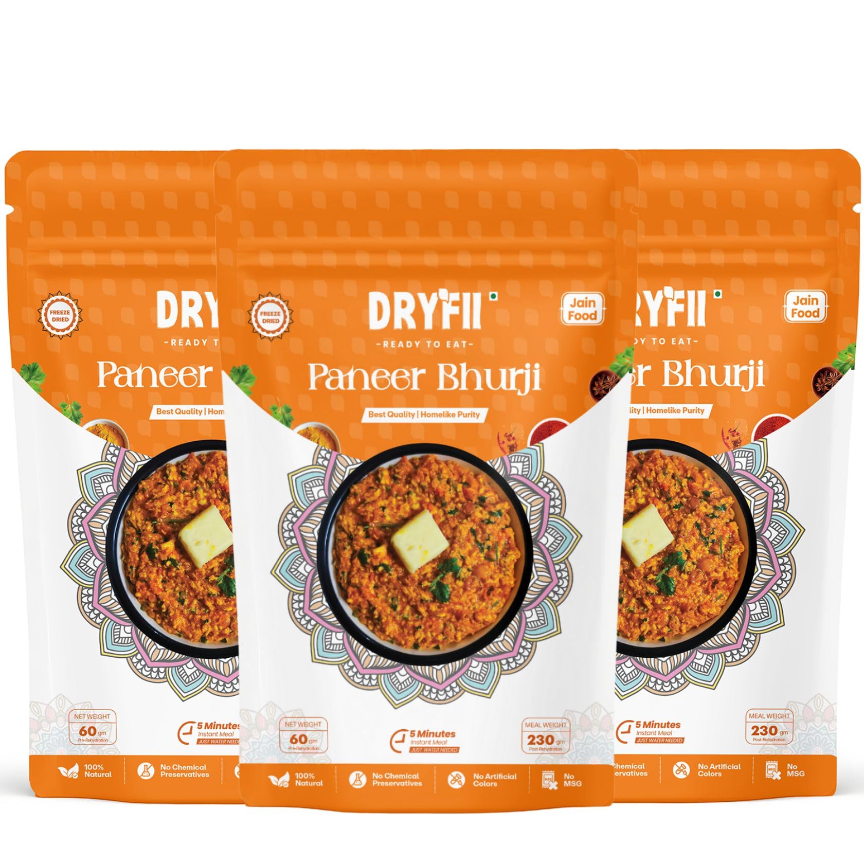 Dryfii Ready-to-Eat Instant Jain Paneer Bhurji | Pure Veg | Freeze Dried | No Onion, No Garlic | Rehydrated Weight 690 g