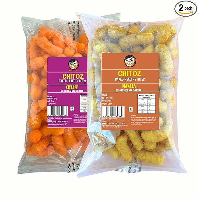 Snack First Baked Chitoz, Puff Corn, Cheese & Masala Chitoz, Pack of 2, No Onion No Garlic, Jain, Puffed Snack, Corn Puffs, Healthy Snack, Namkeen, Each 80g