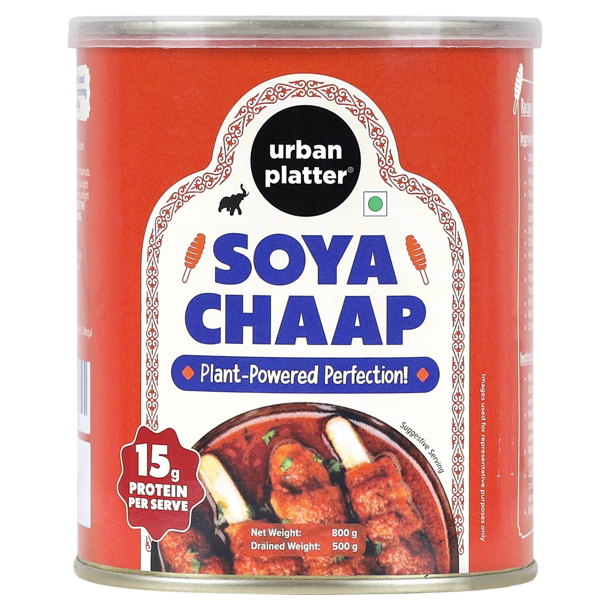 Urban Platter Soya Chaap in Brine, 800g (Canned | Chunks on Stick | Drained Weight - 500g, Rich in Plant Protein| Soy Chap)