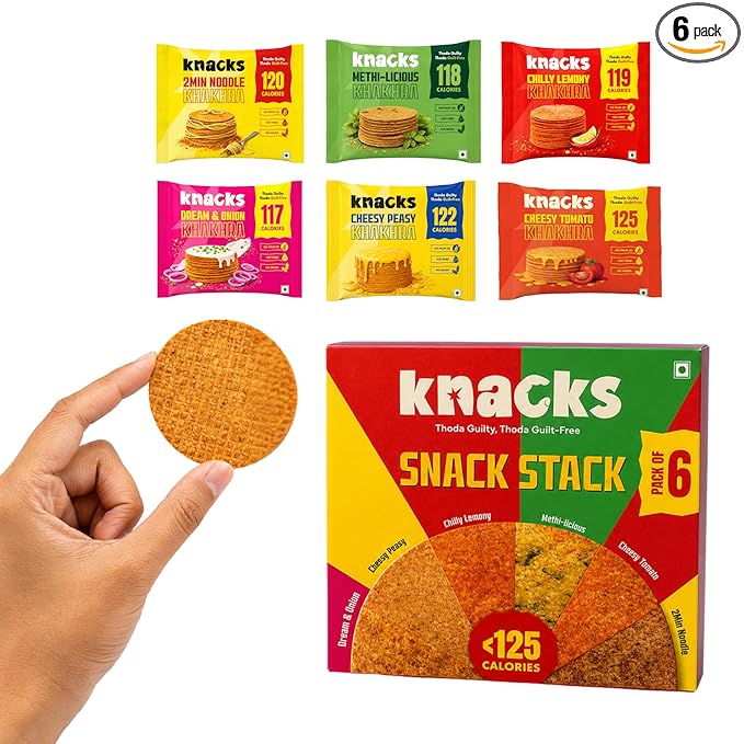 Knacks The Full Knacks Khakhra Chips Variety Pack | All 6 Flavours Coin Khakhra, 6 x 30g | 117-125 Calories Per Pack | Healthy Snack Gift Box | No Palm Oil, No Maida, Not Fried | High Protein