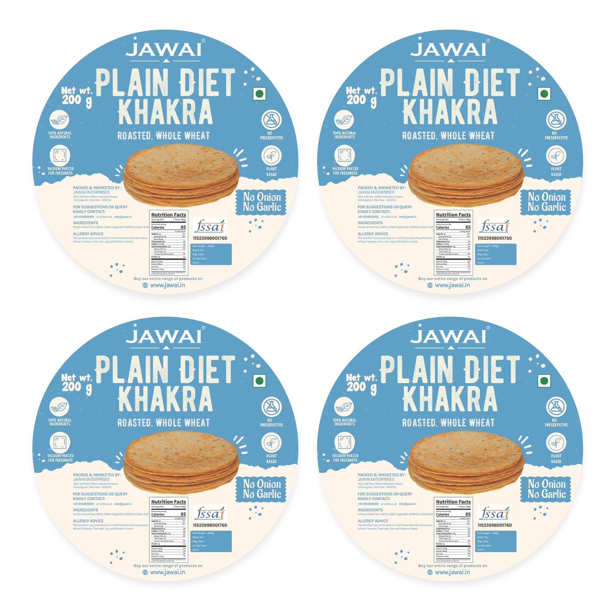 JAWAI ROASTED WHOLE WHEAT KHAKRA COMBO- Plain Diet Khakhra, No Onion - No garlic, Plant Based Roasted Snacks, Healthy Snacks, Vaccum Packed Indian Snack (Plain Diet Flavour),200 G