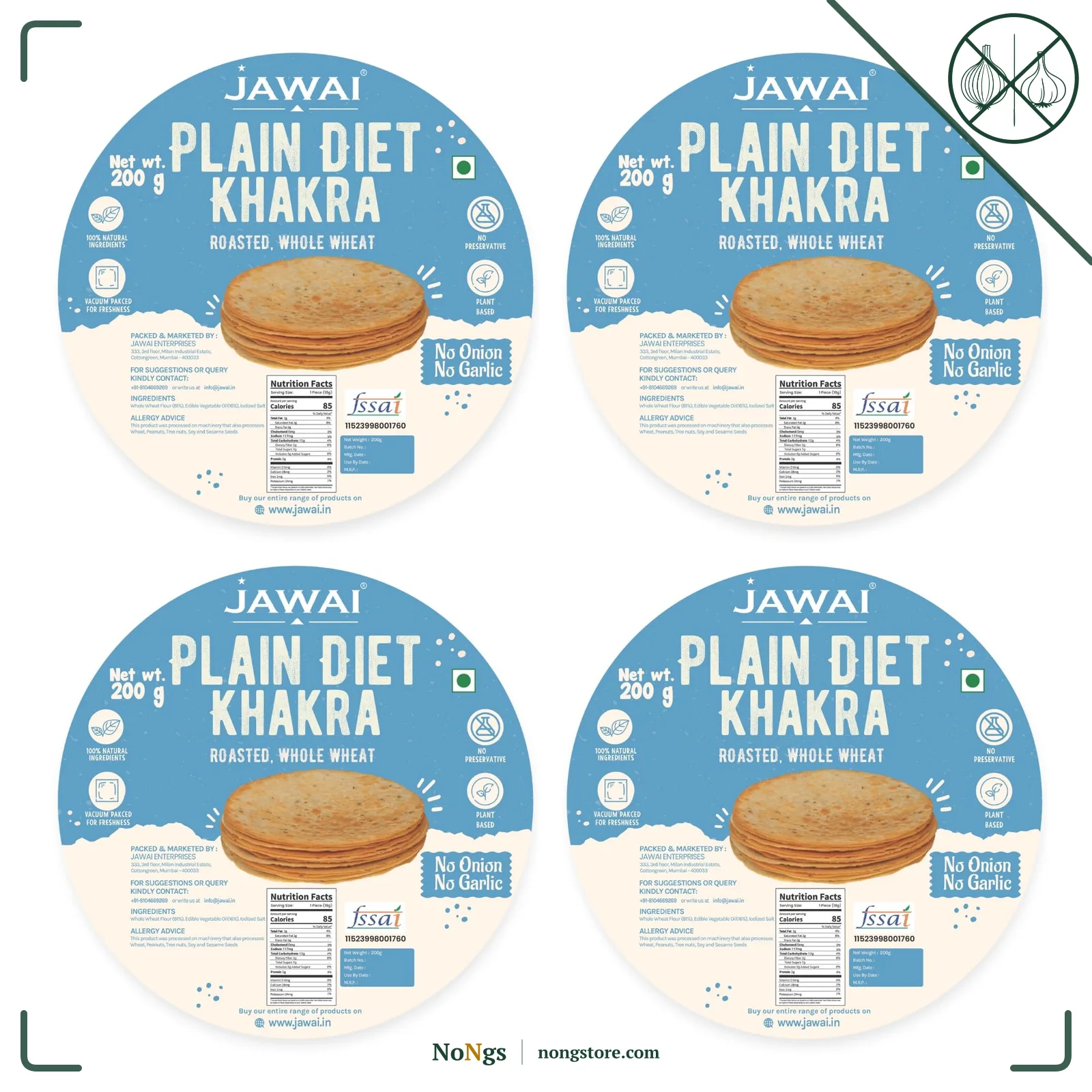 JAWAI ROASTED WHOLE WHEAT KHAKRA COMBO- Plain Diet Khakhra, No Onion - No garlic, Plant Based Roasted Snacks, Healthy Snacks, Vaccum Packed Indian Snack (Plain Diet Flavour),200 G