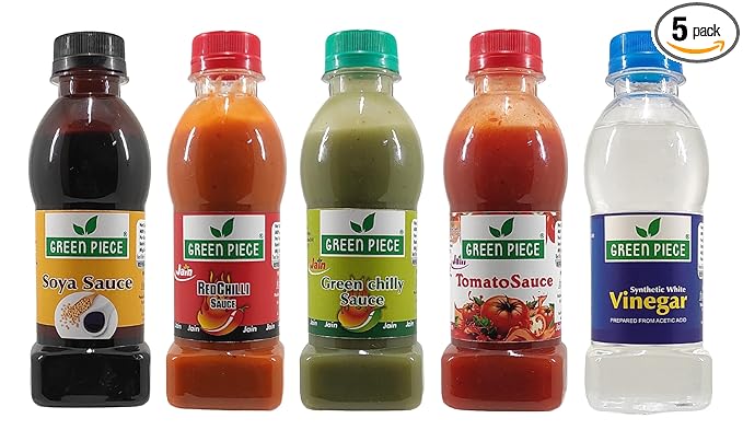 Green Piece Jain Sauce Combo of Soya,Tomato,Green Chilli,Red Chilli and Vinegar (Pack of 5) Sauce (1000 ml)