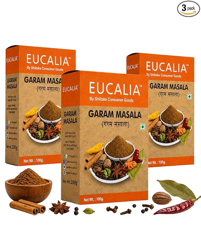 EUCALIA Garam Masala Pack of 3 (100g) | Aromatic Spice Blend for Curries, Rice & Gravies | Authentic Indian Taste | No Preservatives | Rich, Warm & Aromatic Flavour for Everyday Cooking | Sattvik No Onion No Garlic (NONG) | Total 300g