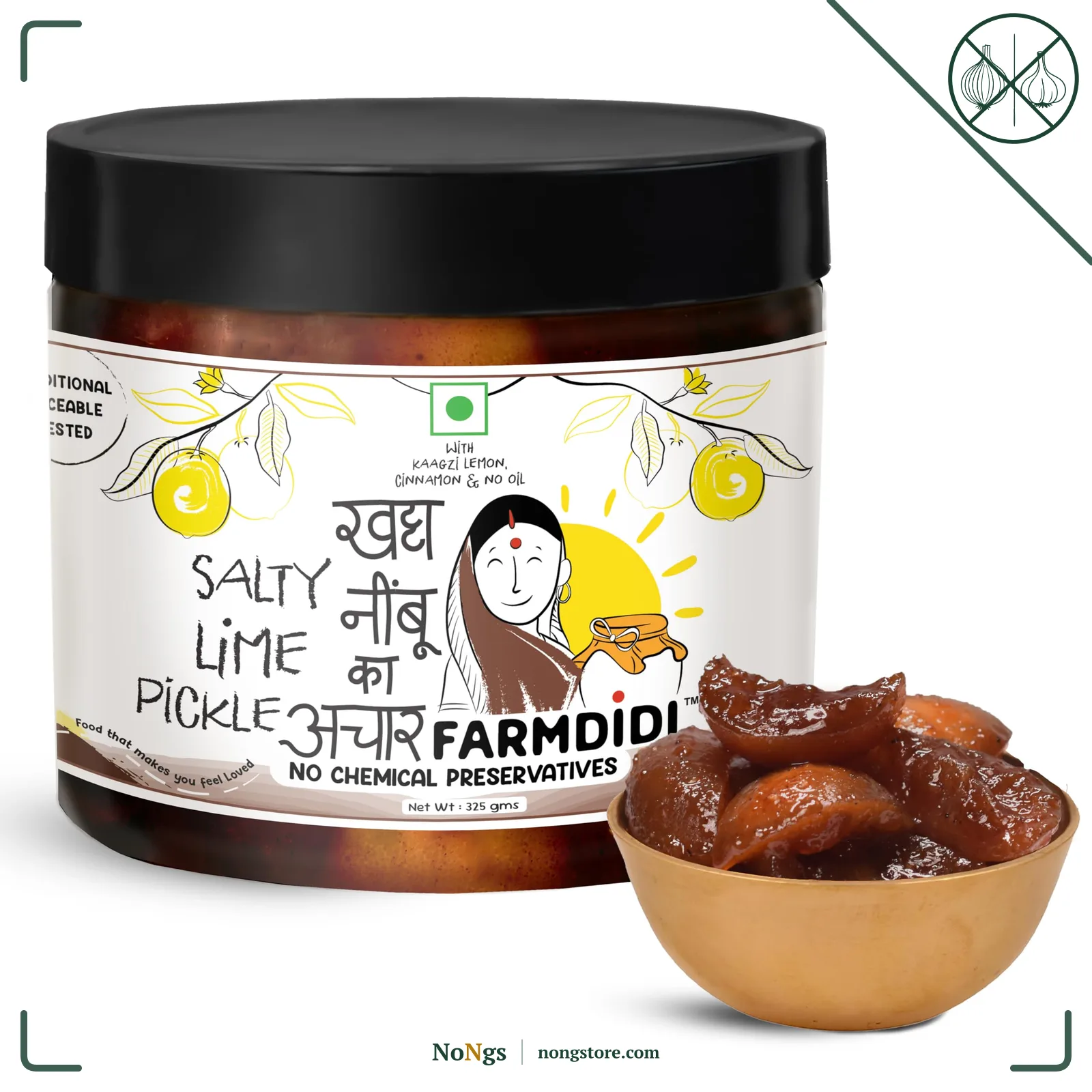 FarmDidi Salty Lemon Pickle 325g in Fresh | Homemade Oil-Free Nimbu ka Achar with No Onion or Garlic | Traditional Lemon Sour Pickle | Grandma’s Taste, Indian Homemade Achar