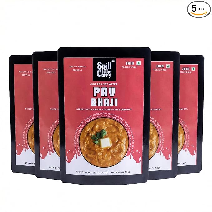 SPILL THE CURRY Mumbai Pav Bhaji Jain Ready to Eat | No Onion No Garlic | Authentic Street Food | Freeze Dried Instant Meal | Add Hot Water | Pure Ghee | Travel Friendly | Combo Pack of 5 (60g Each)