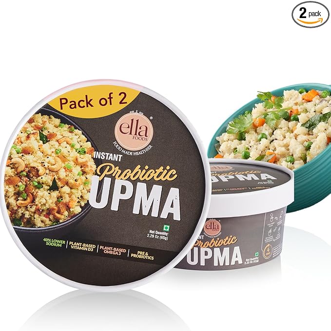 Ella Foods Instant Probiotic Ready To Eat Upma | Low Sodium Instant Food - Packed With Vitamin D3 & Omega 3 | Ready To Eat Food For Travel | Perfect For Heart & Gut Health -65g Servings (Pack of 2)