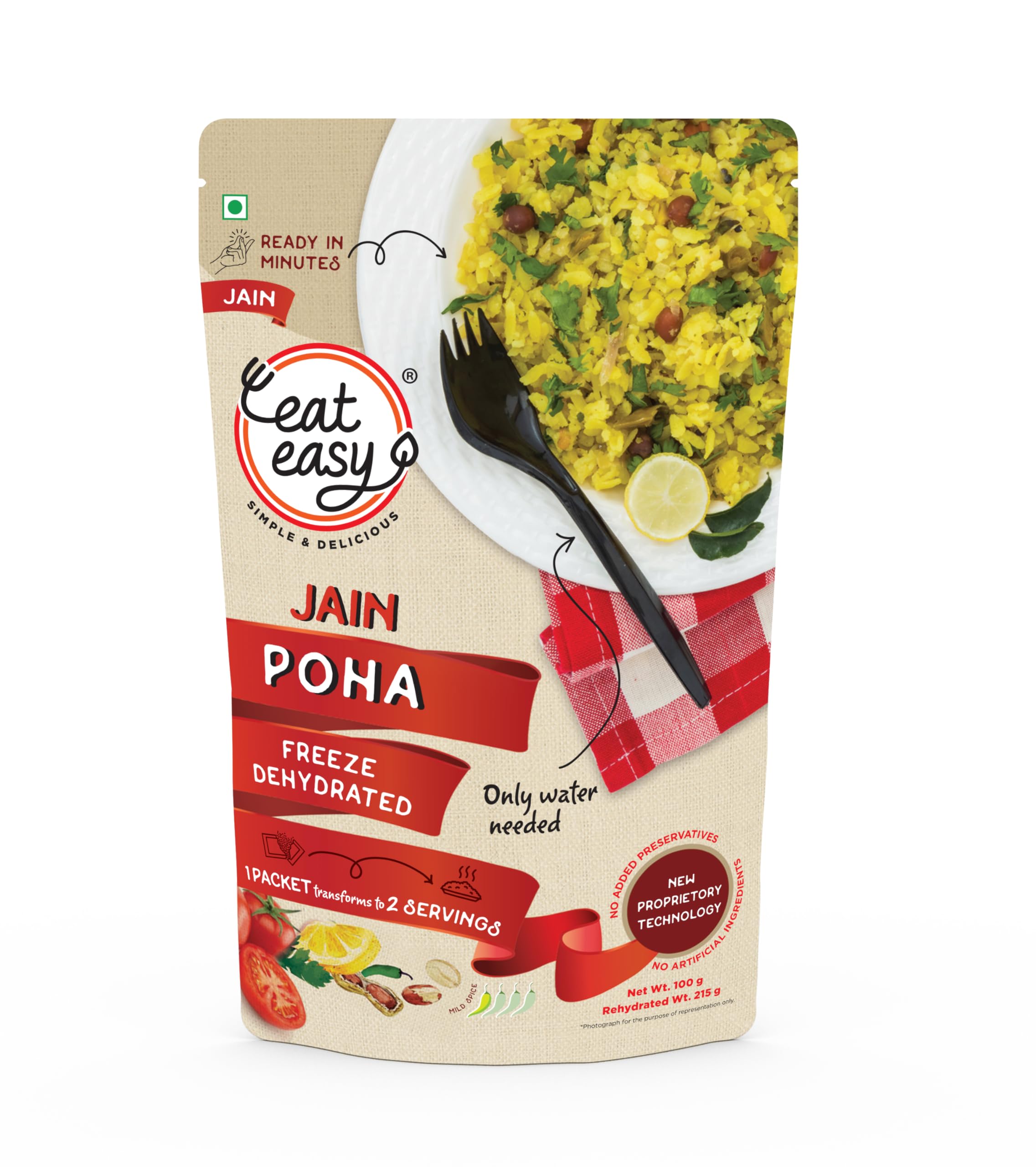 Eat Easy Ready To Eat Jain Poha- 100gm | Just Add Water and Cook | Freeze Dehydrated Instant Healthy & Delicious Poha for Travel, Hostel, Trekking, Camping, Hiking | No Onion, No Garlic, No Preservatives