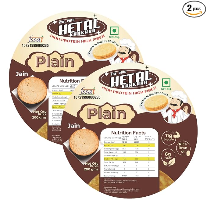 Plain Khakhra | JAIN | Crispy | Ready To Eat | High Protein High Fiber| No Palm Oil | 200g Vacuum Pack Of 2