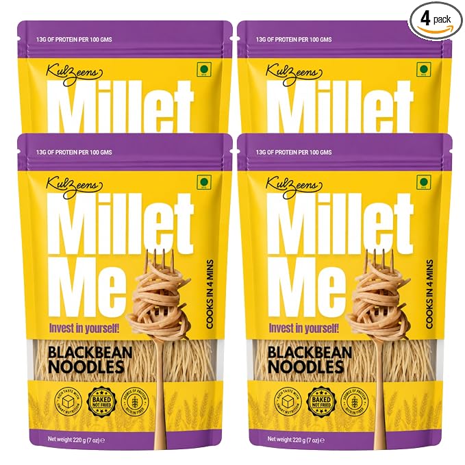 Millet Me by Kuizeens Black Bean Noodles - 220g (Pack of 4) | High-Protein & Fiber-Rich | Gluten-Free Delight | Easy-to-Make | No MSG | No Preservatives | Ready in Minutes | Jain | No Onion & Garlic