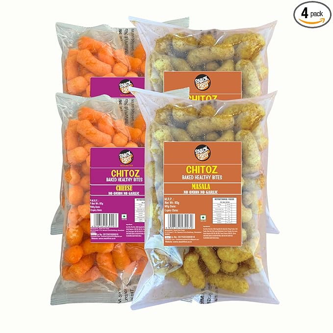 Snack First Baked Corn Puff (2) Masala Chitoz (2) Chitoz, Pack of 4, No Onion No Garlic, Jain, Puffed Snack, Corn Puffs, Healthy Snack, Namkeen, Each 80g