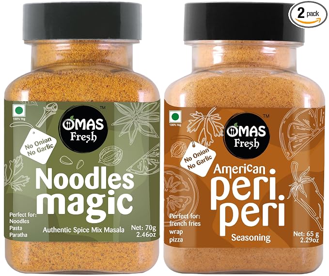 Omas Fresh No Onion No Garlic American Peri Peri 65g & Noodles Magic Masala 70g Sprinkled on Noodles, Salads, Soups, Sauces and Pasta | Jain Masala Combo