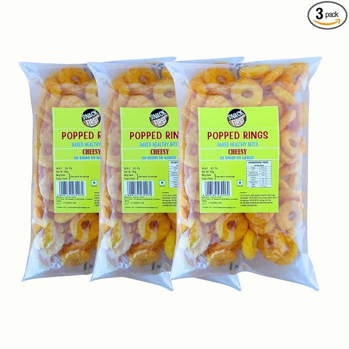 Snack First Popped Rings Cheese, Pack of 3, No Onion No Garlic, Jain, Puffed Snack, Corn Ring, Healthy Snack, Each 80g