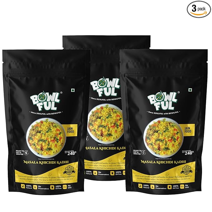 Bowlful Jain Masala Khichadi Kadhi, 48 GMS Pack of 3, Healthy Rice Based Product with Vegetables, Kadhi and Without Onion and Garlic. 100% Natural, Freeze Dried Food