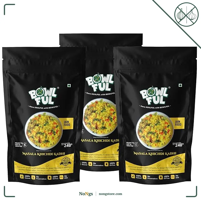 Bowlful Jain Masala Khichadi Kadhi, 48 GMS Pack of 3, Healthy Rice Based Product with Vegetables, Kadhi and Without Onion and Garlic. 100% Natural, Freeze Dried Food