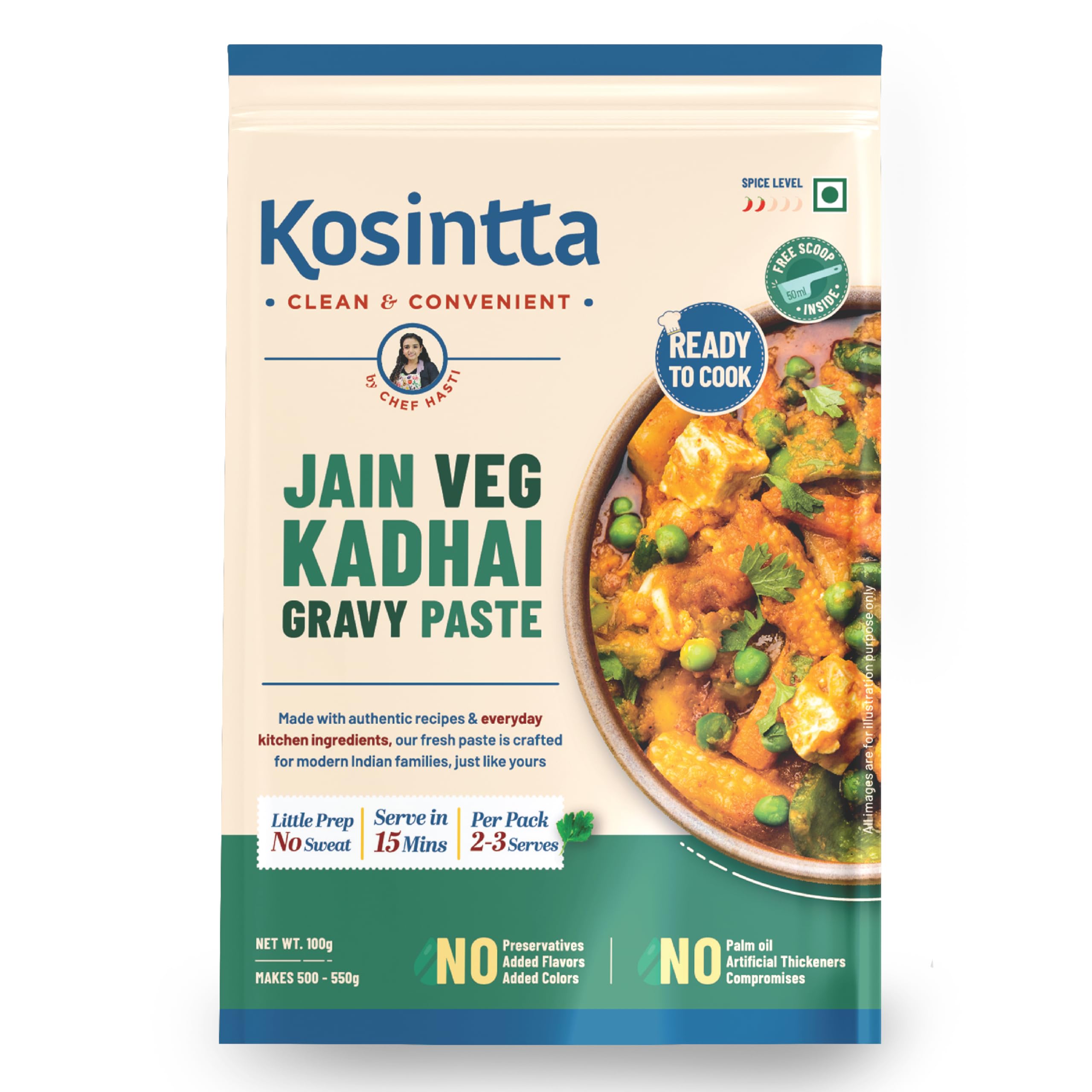 Kosintta Jain Veg Kadhai Gravy Paste | No Onion No Garlic | Ready to Cook Kadai Masala | Instant Indian Curry Base | Restaurant Style Sabzi Gravy | Satvik Pure Veg | Quick & Easy Meal Solution | 100g