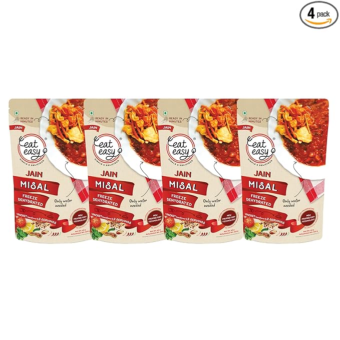 Eat Easy Ready To Eat Jain Misal, 90gm of 1 Pack, Instant Food, Indian Meal, Travel Food, No Preservatives, No Added Artificial Colours & Flavours, Just Add Water and Cook (Pack of 4)