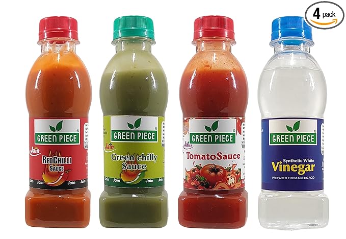 Green Piece Jain Sauce/Catchup Combo Without Onion/garlic/Potato Tomato Sauce (200gm),Green Chilli Sauce (200gm) and Red Chilli Sauce (200gm) and Vinegar (200gm) (Pack of 4) (800 g)