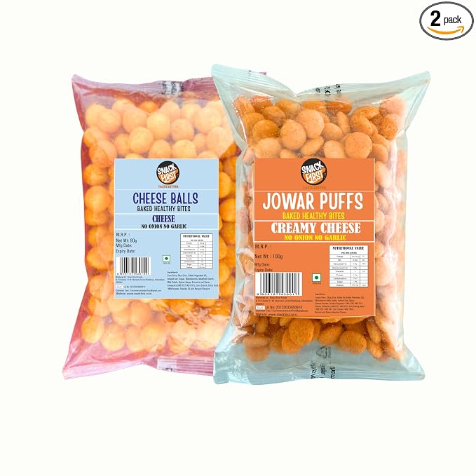 Snack First Baked Cheese Ball (80g) & Cheese Jowar Puff (100g), Pack of 2, No Onion No Garlic, Jain, Puffed Snack, Corn Puffs, Healthy Snack, Namkeen, 180g