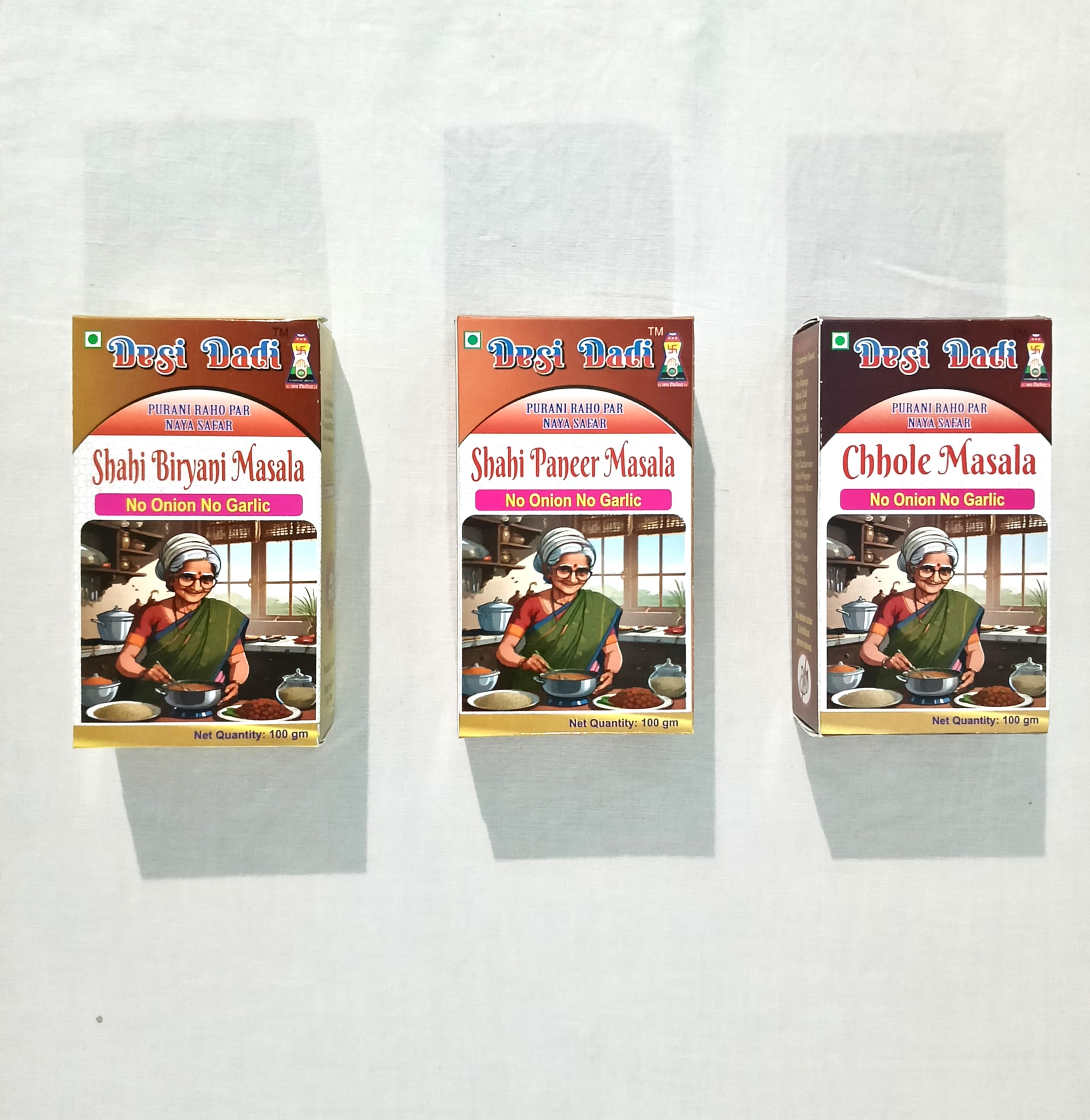 Desi Dadi Premium Indian Spice Mix Combo Pack, Shahi Biryani Masala, Shahi Paneer Masala, Chhole Masala, No Onion No Garlic, 100g Each