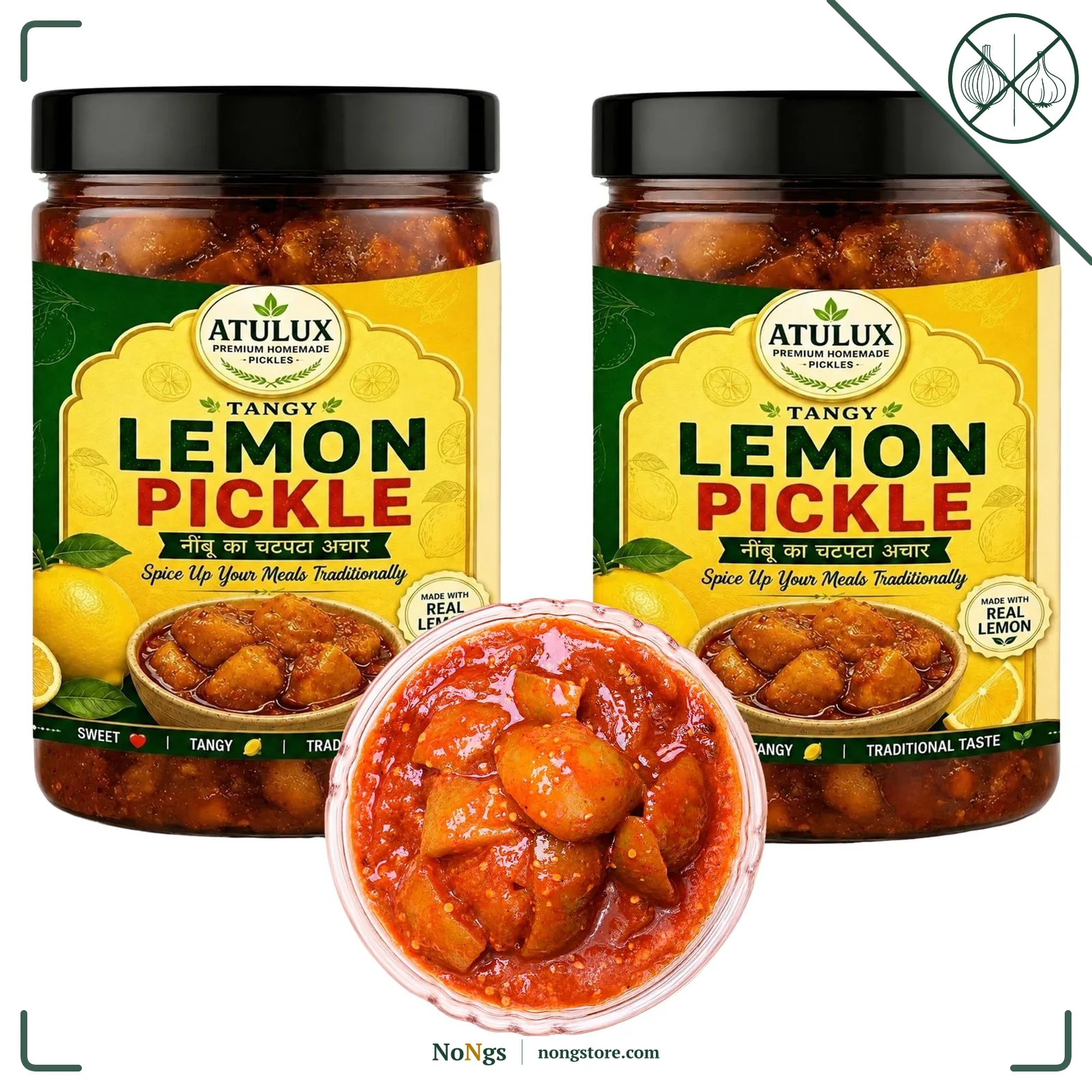 ATULUX Lime Pickle 1Kg, Traditional Nimbu Achar, Spicy Tangy Homemade Style, Oil Free, No Onion No Garlic Pack of 2 (500g Each)