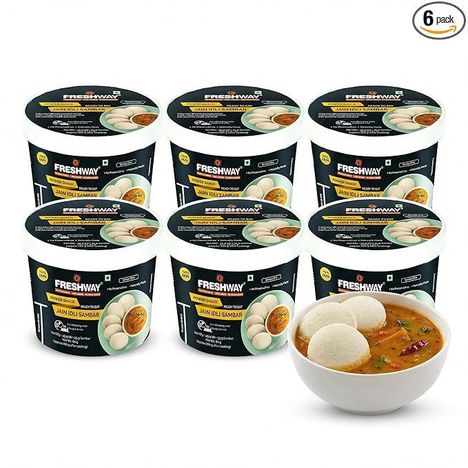 Freshway Ready-to-Eat Jain Idli Sambar Pack of 6 | Nutritious & Convenient Power Snack | 100% Jain Recipe | No Preservatives | Healthy Instant South Indian Meal