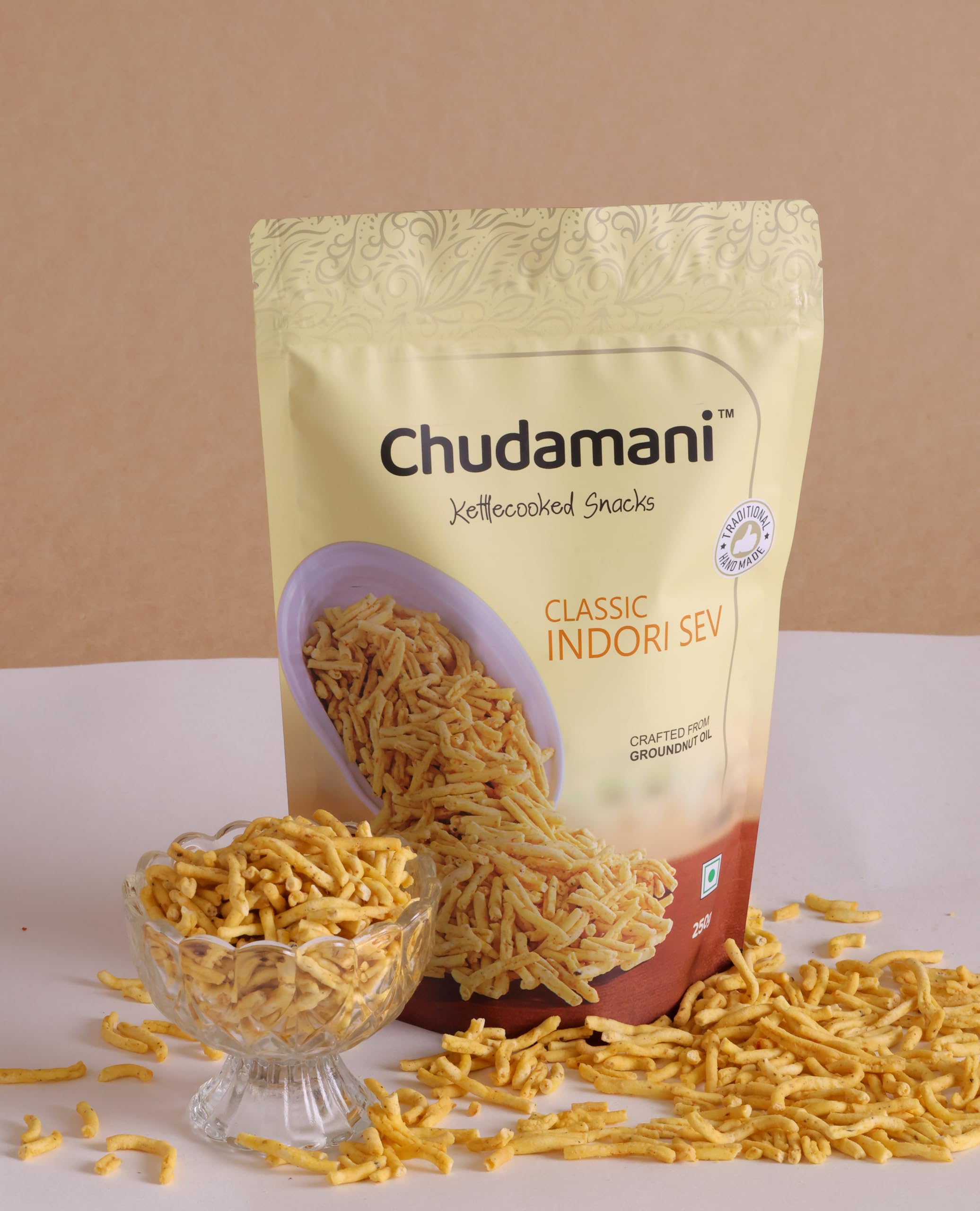 Chudamani Classic Indori Sev, Kettlecooked Snacks, Crispy and Spicy Namkeen, Famous Indori Cooked Snacks Namkeen - 250gm
