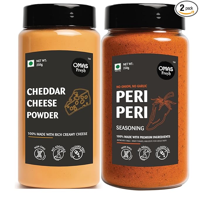 Omas Fresh No Onion No Garlic Peri Peri Seasoning & Cheddar Cheese Powder | 250g × 2 Combo Pack | Spicy & Cheesy Flavour Duo for Pasta, Snacks & Everyday Cooking