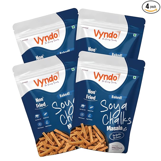 Vyndo Masala Soya Chalks (Soya sticks) | Millet-Based, Protein Rich, Gluten-Free, Non-Fried, No Palm Oil | Healthy Crunchy Energy Snacks for Adults & Kids – 4 x 100g Packs.