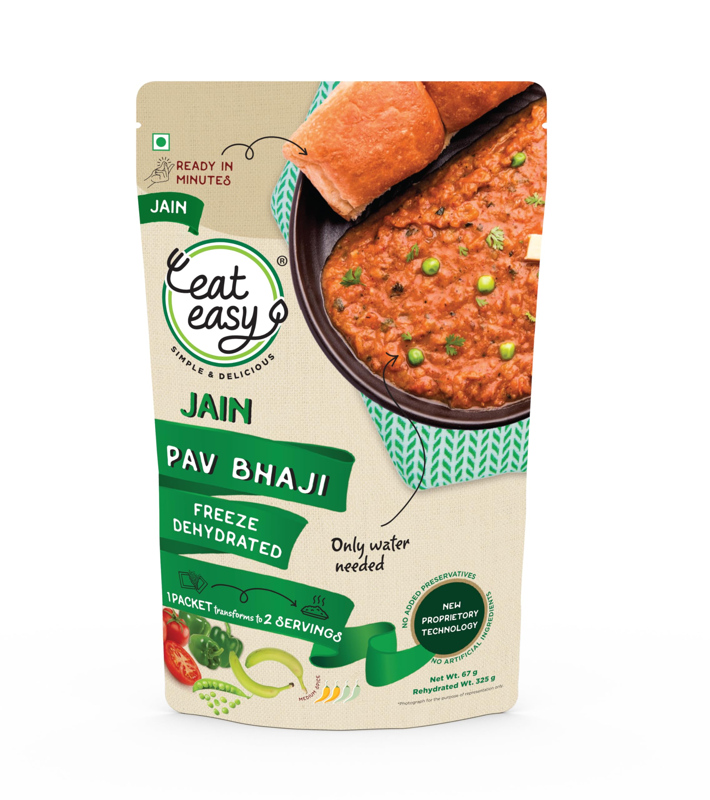 Eat Easy Ready To Eat Jain Pav Bhaji- 65 gm | Just Add Water and Cook | No Onion No Garlic, Vegetarian Healthy Instant Food for Travel, Trekking, Campign | No Preservatives | No Added Artificial Colours & Flavours