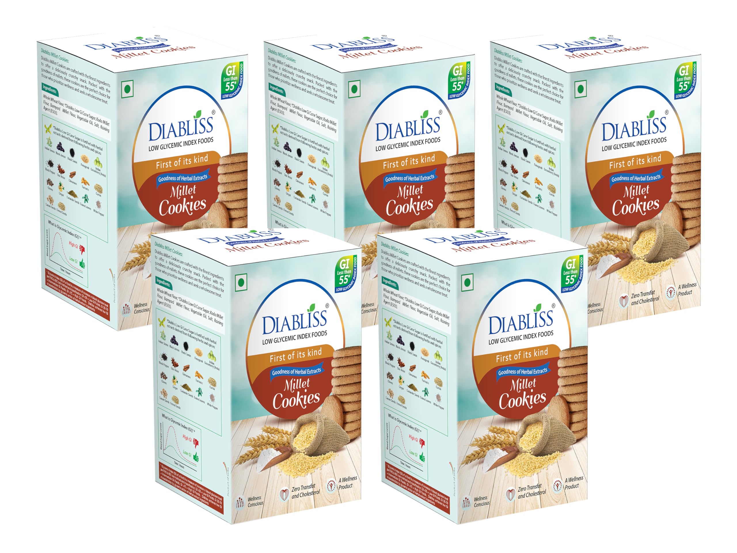 Diabliss Millet Cookies – Made with Millets & Whole Wheat, No Maida | Low GI Sugar & 17 Herbs & Spices | Glucose Friendly Crunchy Snack | Trusted by Consumers in 3 Continents | 120g - Pack of 5