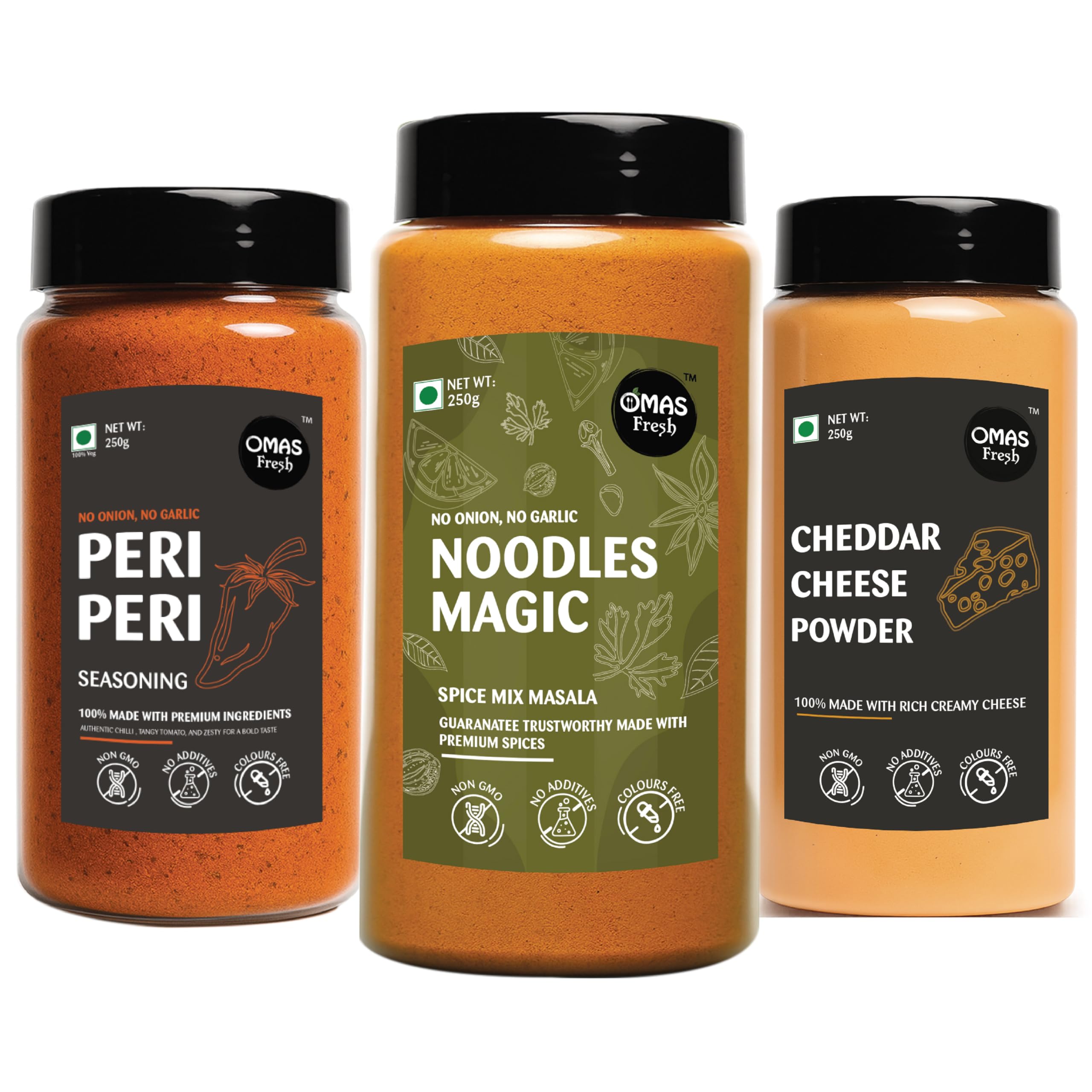 Omas Fresh No Onion No Garlic Noodles Magic Masala, Peri Peri & Cheddar Cheese Powder | 250g × 3 Combo Pack | Spicy & Cheesy Flavour Trio for Noodles, Pasta & Everyday Cooking